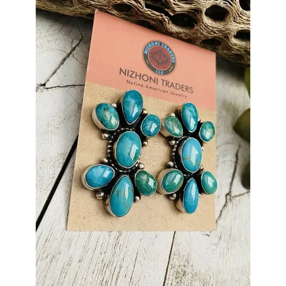 Navajo Sterling Silver & Royston Turquoise Cluster Post Earrings Signed - Picture 3 of 7